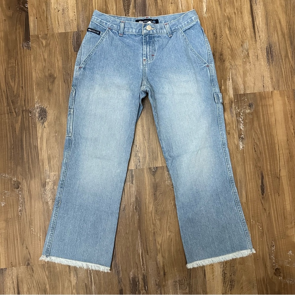 VTG Y2K 2000s Low Mid Rise Light Stone Wash Fringe Distressed Cargo Jeans